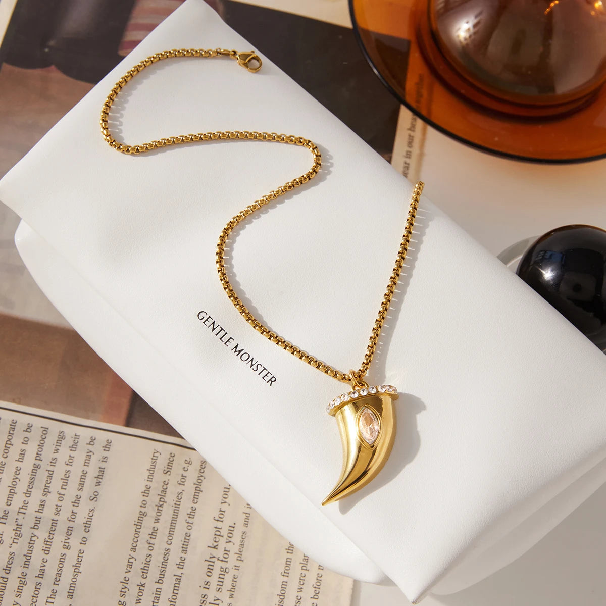 White Zircon Cow Horn Pendant Necklace – Gold Plated