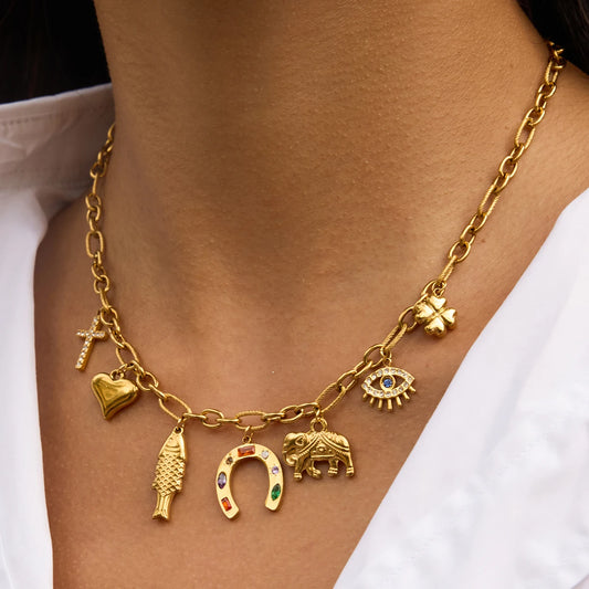 Colorful Rhinestone Horseshoe & Heart Pendant Necklace