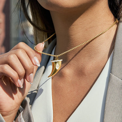 White Zircon Cow Horn Pendant Necklace – Gold Plated