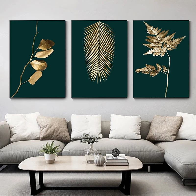 Modern Golden Green Plant Leaves Abstract Art Canvas