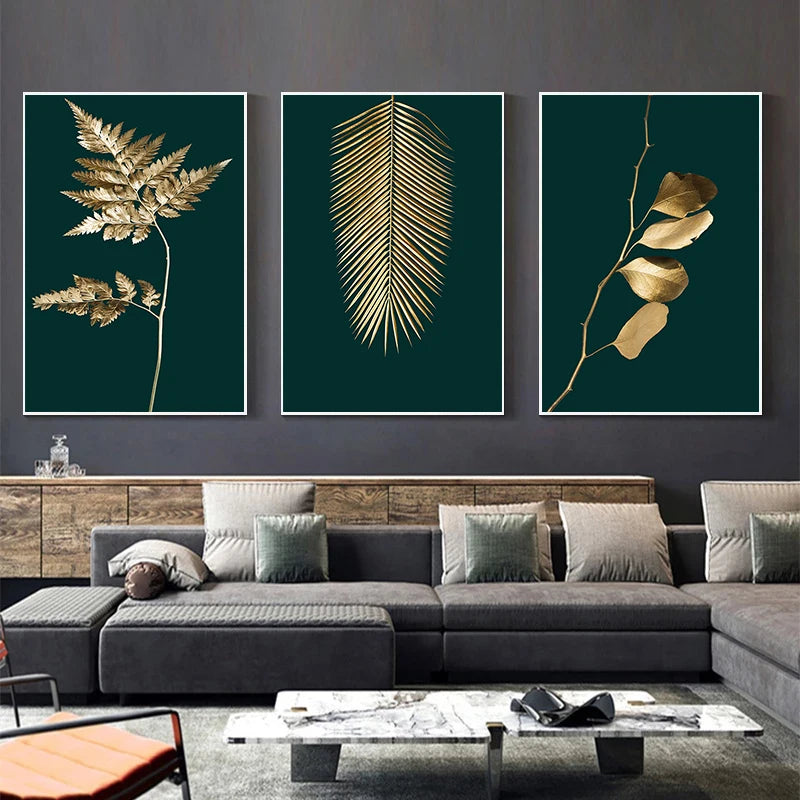Modern Golden Green Plant Leaves Abstract Art Canvas