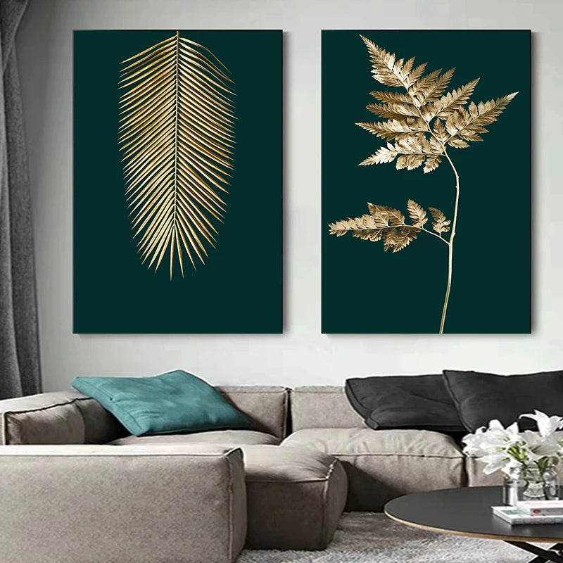 Modern Golden Green Plant Leaves Abstract Art Canvas