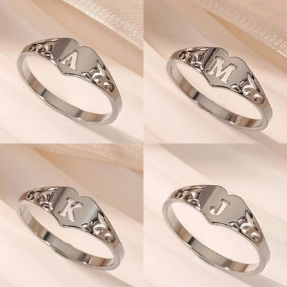Stainless Steel A–Z Heart Initial Ring – Silver