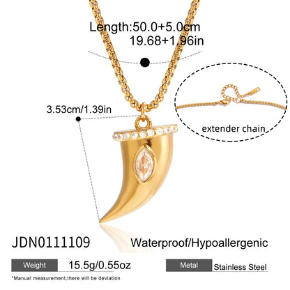 White Zircon Cow Horn Pendant Necklace – Gold Plated