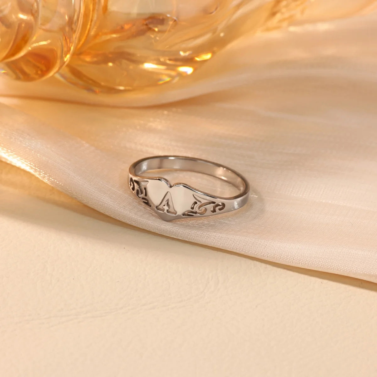 Stainless Steel A–Z Heart Initial Ring – Silver