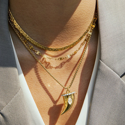 White Zircon Cow Horn Pendant Necklace – Gold Plated