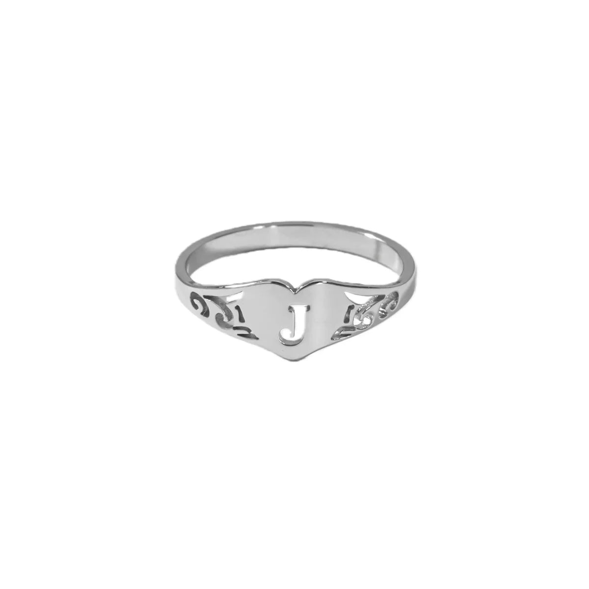 Stainless Steel A–Z Heart Initial Ring – Silver