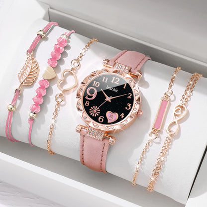 Women’s Heart Dial Watch & Bracelet Set – 6PCS