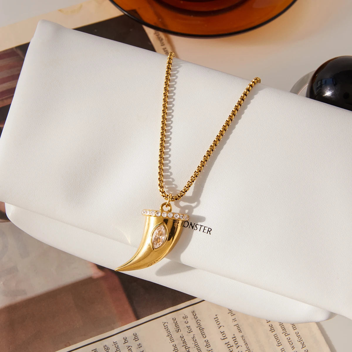 White Zircon Cow Horn Pendant Necklace – Gold Plated
