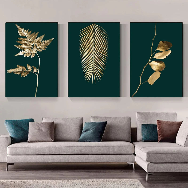 Modern Golden Green Plant Leaves Abstract Art Canvas