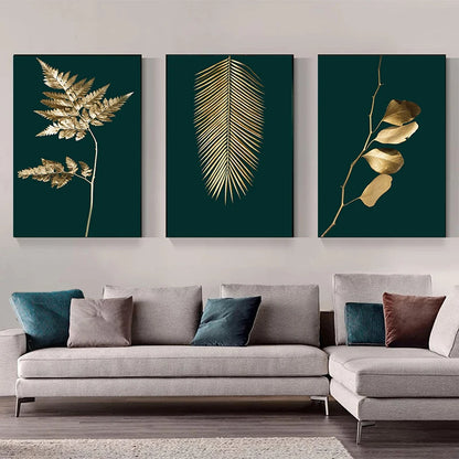Modern Golden Green Plant Leaves Abstract Art Canvas
