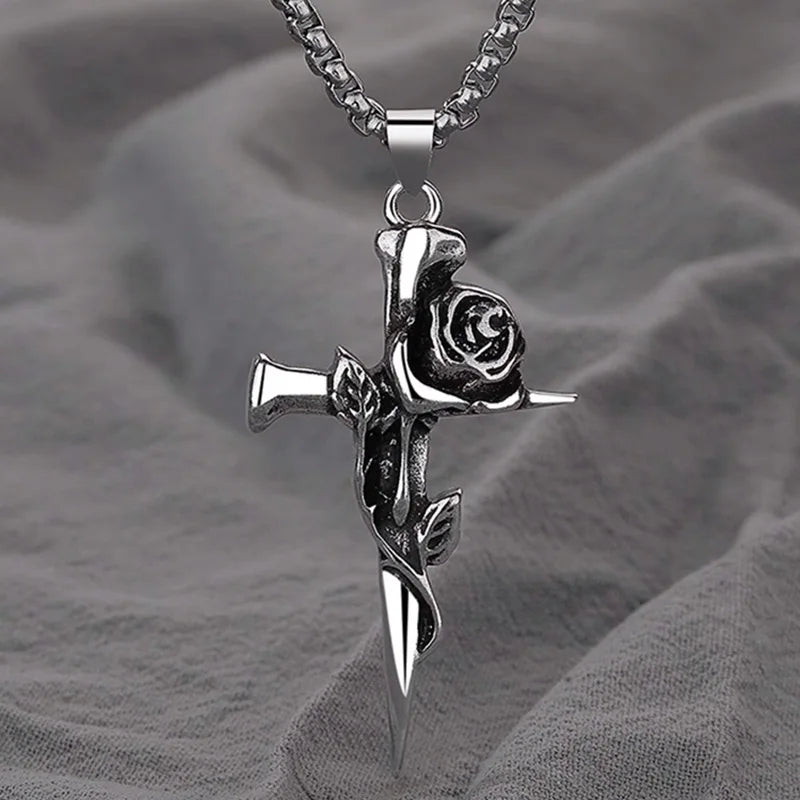 Vintage Rose Cross Pendant Necklace – Gothic Punk