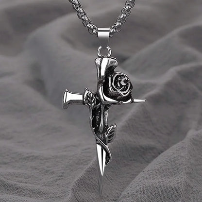 Vintage Rose Cross Pendant Necklace – Gothic Punk