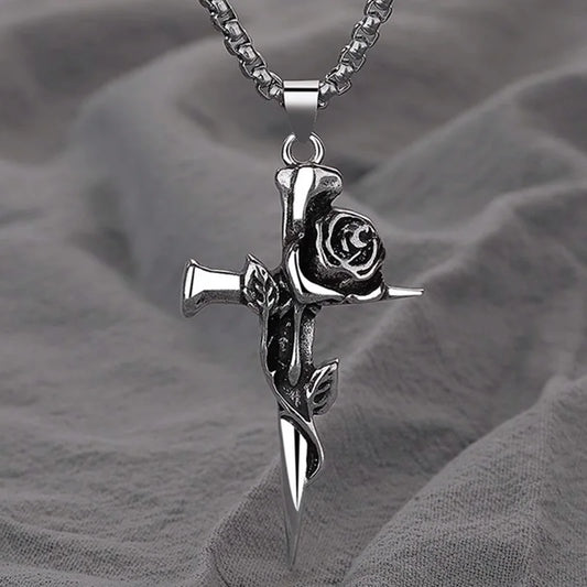 Vintage Rose Cross Pendant Necklace – Gothic Punk