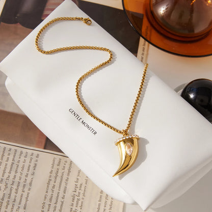 White Zircon Cow Horn Pendant Necklace – Gold Plated