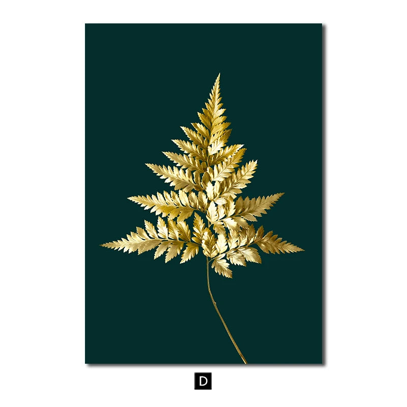 Modern Golden Green Plant Leaves Abstract Art Canvas