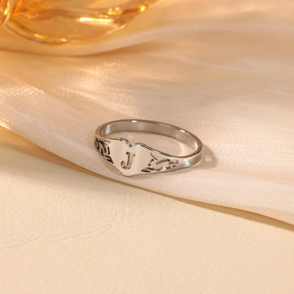Stainless Steel A–Z Heart Initial Ring – Silver
