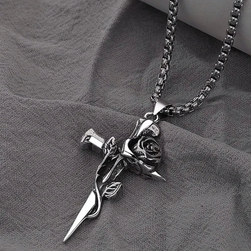 Vintage Rose Cross Pendant Necklace – Gothic Punk