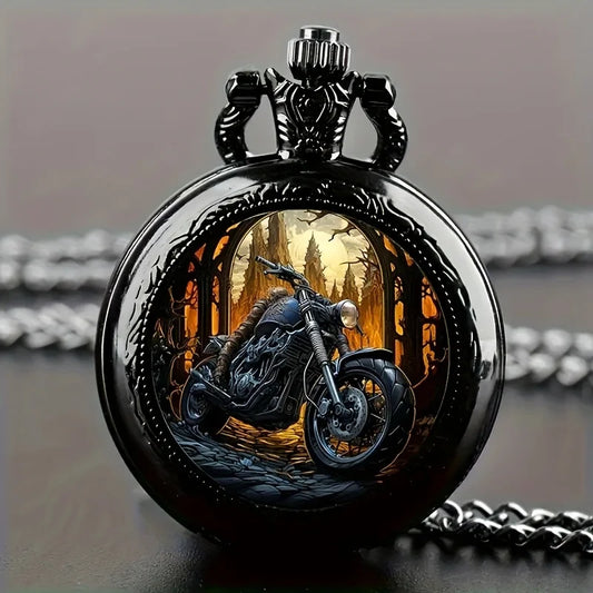 Vintage Black Motorcycle Quartz Pocket Watch Necklace