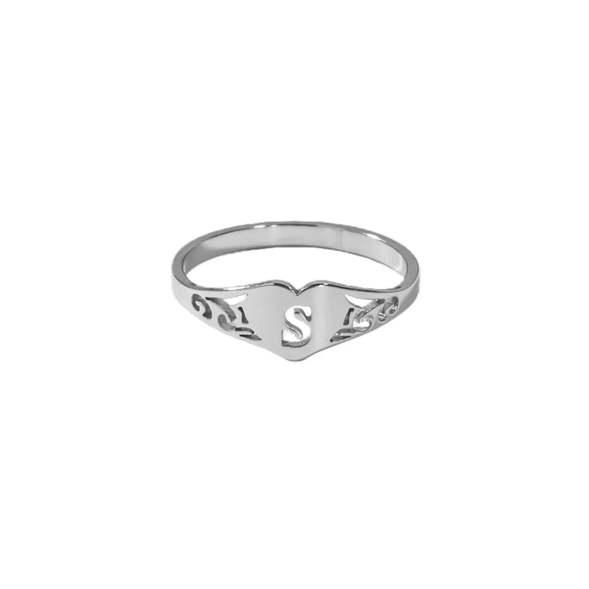 Stainless Steel A–Z Heart Initial Ring – Silver