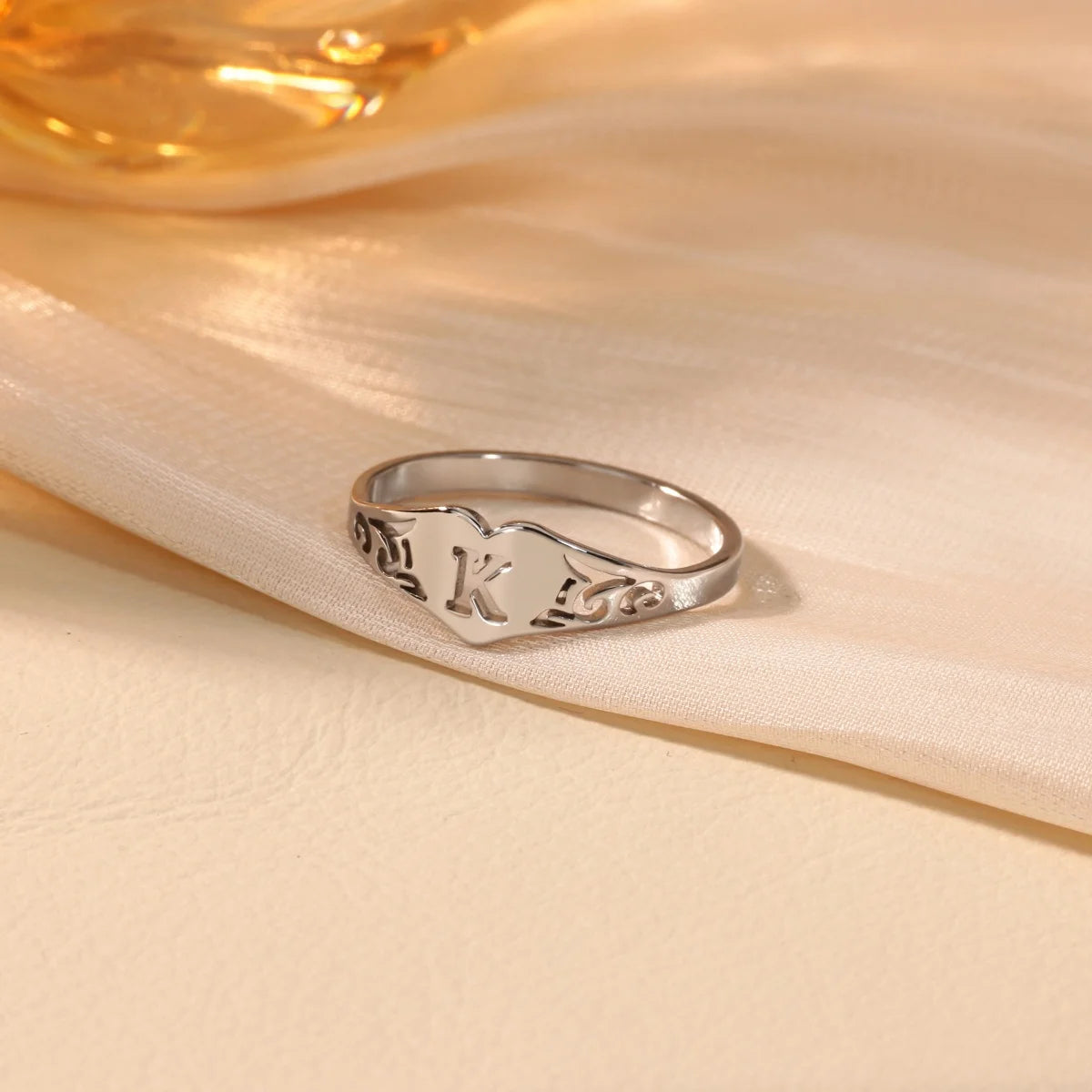 Stainless Steel A–Z Heart Initial Ring – Silver