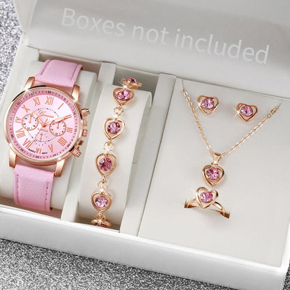 Women’s Quartz Watch & Heart Rhinestone Jewelry Set