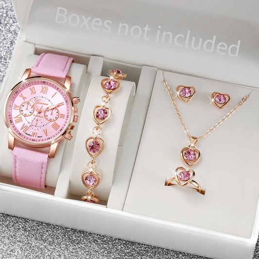 Women’s Quartz Watch & Heart Rhinestone Jewelry Set