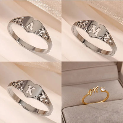 Stainless Steel A–Z Heart Initial Ring – Silver
