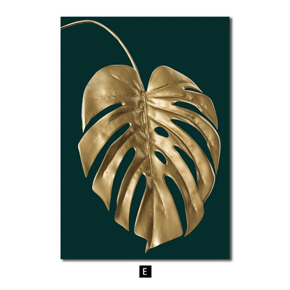 Modern Golden Green Plant Leaves Abstract Art Canvas