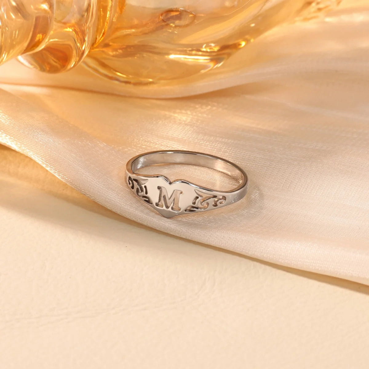 Stainless Steel A–Z Heart Initial Ring – Silver