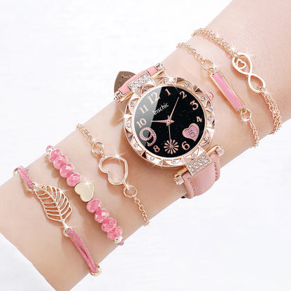 Women’s Heart Dial Watch & Bracelet Set – 6PCS