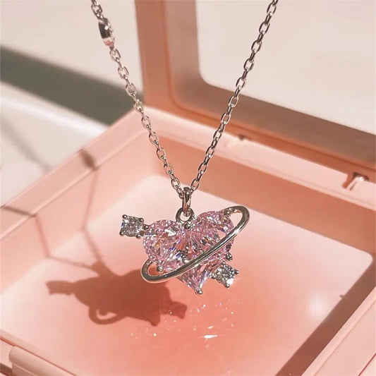 Y2K Pink Planet Heart Zircon Necklace